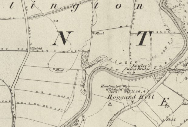 Six-inch first edition near Huntington, York: the River Foss with a channel labelled The Old Course beside it, a Towing Path along the far bank, Dowker's Swing Bridge, Huntington Landing, and Huntington Windmill (Corn).
