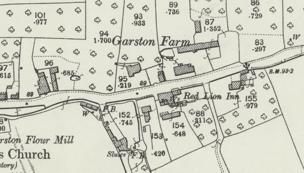 County Series 25-inch over the identical ground, uncoloured: the same mill stream drawn as two hatched bank lines, with Sluice and F.B. lettered separately.