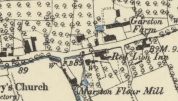 Six-inch first edition at Marston Flour Mill, Somerset: the mill stream drawn as a single blue stroke with the mill pond a small blue shape.