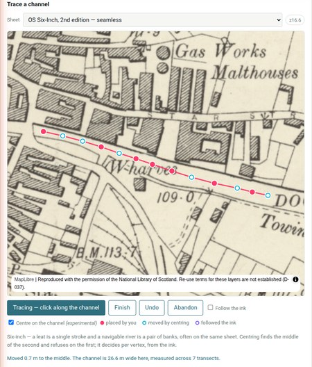 The tracer on the six-inch second edition at Ware: a traced line along the Lea past the wharves, seven of its vertices drawn solid where a hand placed them and six drawn hollow where the tool moved them to the middle of the channel, each ringed in white so it stays legible where it falls on printed ink.