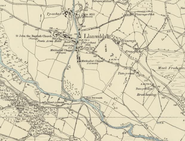 Six-inch first edition, surveyed 1885: the village of Llanwddyn on the valley floor, the Afon Efyrnwy running through it, and the reservoir works already labelled at the western edge.